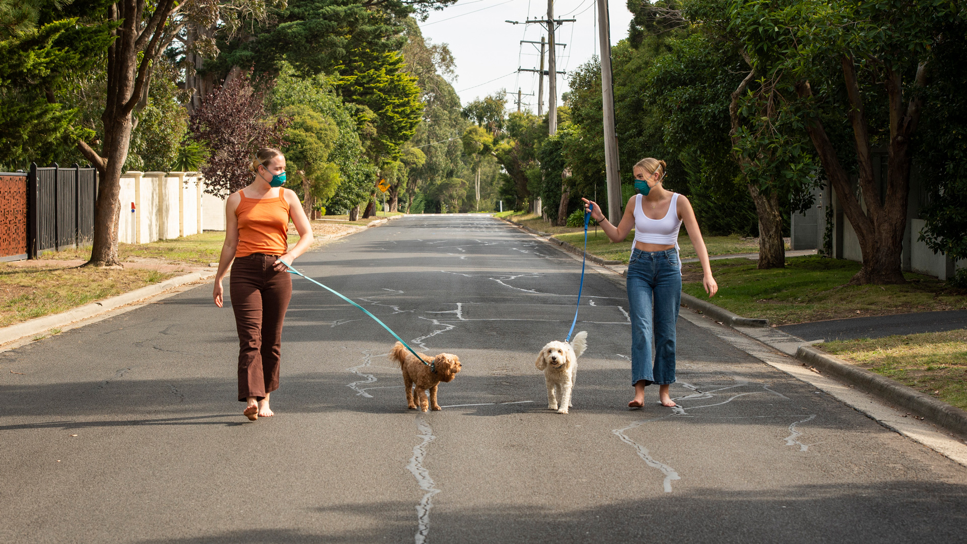 Two women wearing masks walking their dogs in a leafy suburb